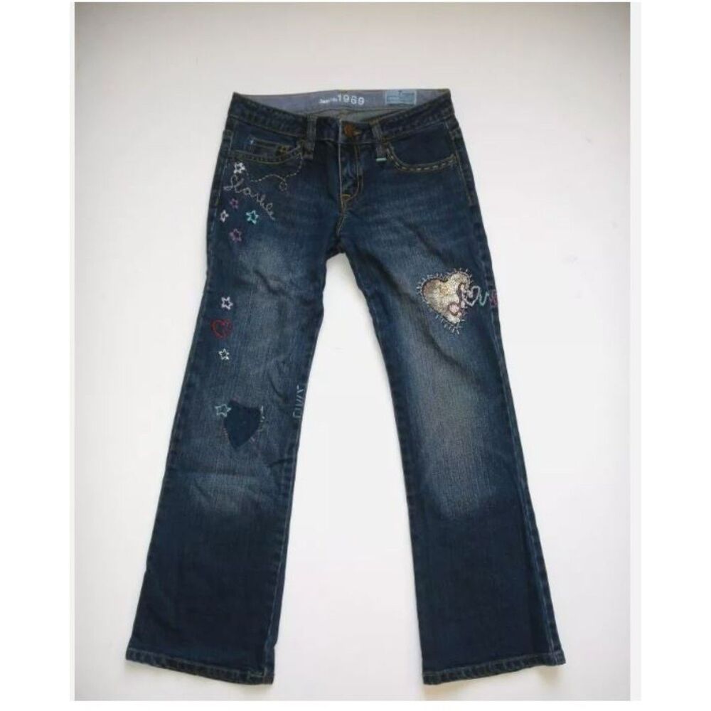 Gap Kids girls Jeans 6 7 sequin heart embellished dark denim pants bootcut Flare